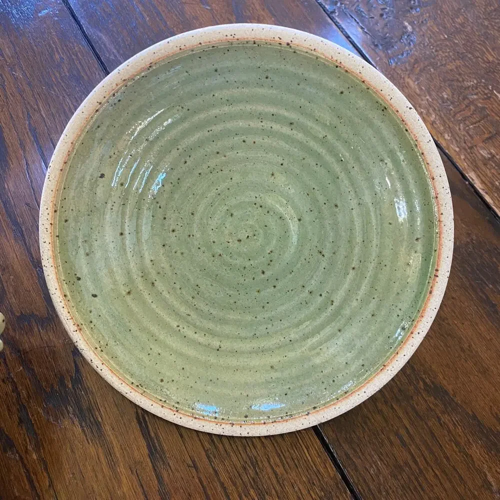Signed Studio Pottery Green Casserole w Lid 8.5” Diameter